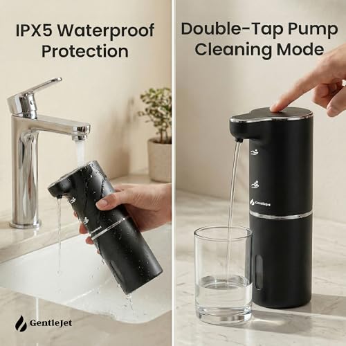 GentleJet JetFoam Automatic Foam Soap Dispenser Touchless Sensor, USB-C Rechargeable, Adjustable Output, IPX5 Waterproof, 300 ml, Bathroom & Kitchen Countertop - color: Black