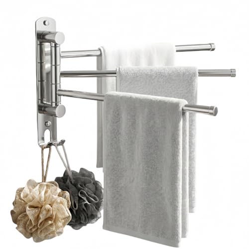 Swivel Towel Rack Wall Mounted, 1/2/3/4-Bar Options, 12.8" Long Arm SUS304 Stainless Steel, No Drill Adhesive 180° Rotating, Heavy Duty Rustproof Towel Bar for Bathroom Kitchen (Holds 30 lbs) - color: 3-bar