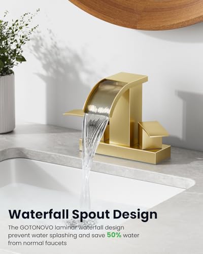 gotonovo Waterfall 4’’ Centerset Bathroom Sink Faucet Brushed Gold | 2 Handle Bathroom Faucet,SUS304,2 or 3 Hole,2.17’’ Wide Spout,24’’ cUPC Water Line,Pop Up Drain,Vanity,RV,Lavatory Modern Tap - color: Gold