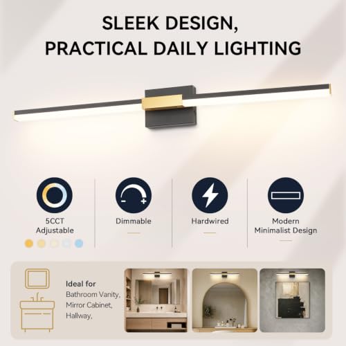 SOLFART Bathroom Light Fixtures 40-Inch: Black and Gold 5CCT Dimmable Vanity Lights for Bathroom, Solid Frosted Acrylic, Built-in Dimmer, 360 Degree Rotation, ETL IP44 - color: Black Gold-5CCT, 5-Step Brightness Control, size: 40 inch