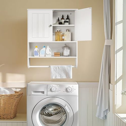 Yaheetech 24" Bathroom Wall Cabinet Over Toilet with Towel Bar, White Doors | Over-the-Toilet Storage for Small Bathrooms, Doors Hide Clutter, Adjustable Shelf Fits Tall Bottles, Open Display, MDF Build