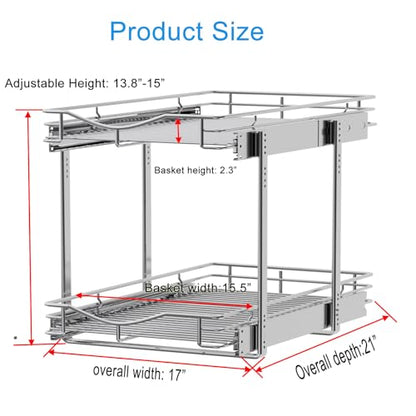 DINDON 2 Tier Pull Out Cabinet Organizer (17" W X 21" D), Double Tier Wire Basket Slide Out Shelf Storage for Kitchen Base Cabinet, Chrome Finish - size: 17" W X 21" D