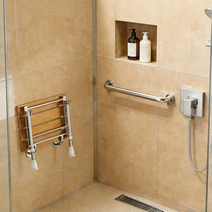 Folding Shower Seat Wall Mounted with Support Legs for Seniors, 350 lbs (Teak Wood) - color: Teak Wood