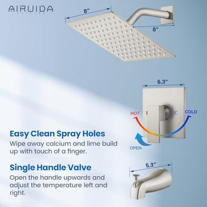Airuida 8 Inch Shower Faucet Set,Bathtub Faucet Kit,Brushed Nickel | Shower Tub Faucet Set,Male Threads Rough-In Valve,Square Head Shower System - color: Nickel, size: 8 Inch