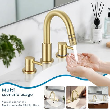 8 Inch Bathroom Faucet 3 Hole Gold Pull Down Bathroom Sink Faucet | Stainless Steel,Two Water Flow Modes,Brushed Nickle,3 hole Widespread,Pop-up Drain,Water Supply Hoses,Pull Down Sprayer, - color: A-Brushed Gold