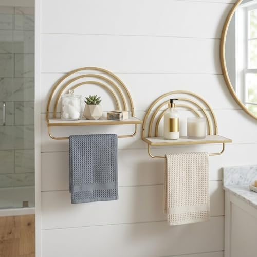 Oakrain Gold Wall Shelf with Arched Metal Frame, Set of 2, 13"&16" | Rustic Wood Floating Shelves, Farmhouse Towel Rack for Bathroom, Entryway, Living Room, Bedroom - color: Gold
