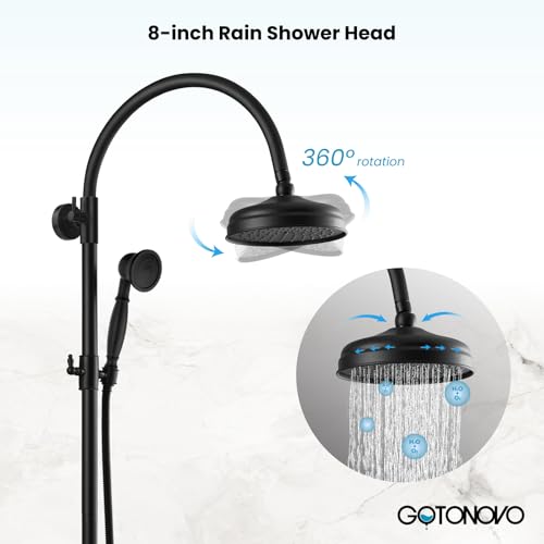 gotonovo Exposed Shower Faucet Set with Tub Spout Matte Black | Brass Bathroom Shower System,8 Inch Rainfall Head with Handheld Spray and Tub Filler,Adjustable Height,6’’ Hole Distance - color: Black