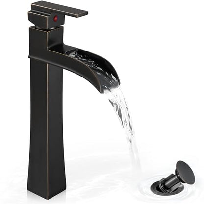 Bronze Waterfall Vessel Sink Faucet, Brass 12 Inch Tall Bathroom Faucets Single Hole Single Handle for Bathroom Bowl Sink with Pop-up Drain & Hoses for Vanity Countertop Modern Farmhouse - color: Oil Rubbed Bronze - Farmhouse