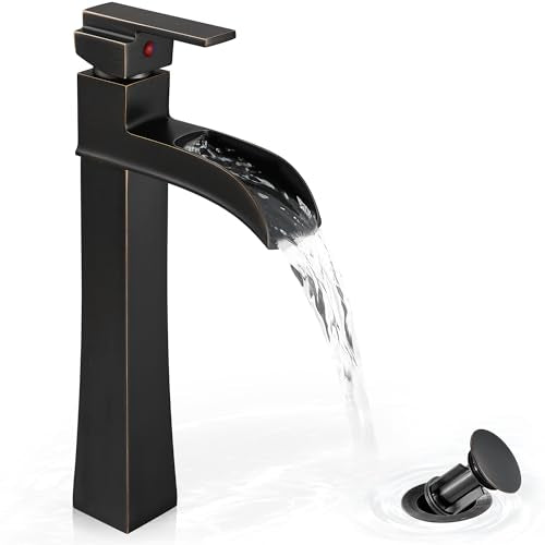 Bronze Waterfall Vessel Sink Faucet, Brass 12 Inch Tall Bathroom Faucets Single Hole Single Handle for Bathroom Bowl Sink with Pop-up Drain & Hoses for Vanity Countertop Modern Farmhouse - color: Oil Rubbed Bronze - Farmhouse