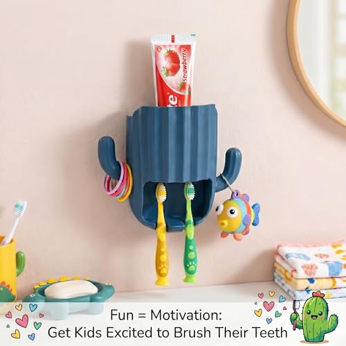 Kids Toothbrush Holder Wall Mount, Cute Cactus (Dark Blue) | Bathroom Organizer, PP Cactus Holder, Toothbrush Toothpaste Hair Tie Accessories,Multi-Function Organizer - color: Blue