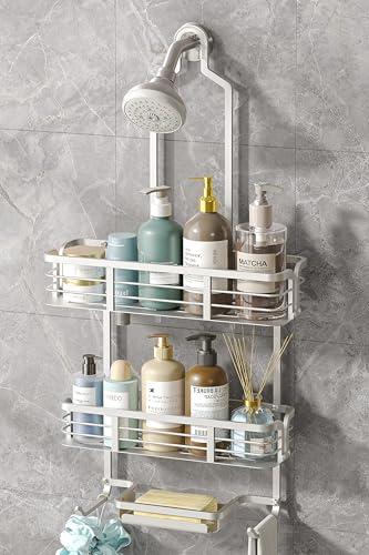 Shower Caddy Hanging, Never Rust Aluminum Shower Organizer, Over Showerhead No Drilling Shower Racks, with Soap Holder Multi Hooks Bathroom Storage for Shampoo Sponge,Silvery - color: Silvery
