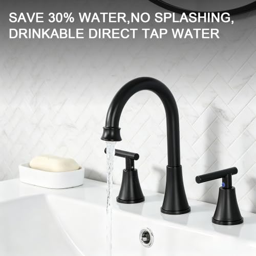 COMLLEN Black Bathroom Faucet 3 Hole Vanity,360 Degree Rotating Spout, 2 Handle 360° Swivel Matte Black 8 Inch Widespread Bathroom Sink Faucet 3 Holes, with Pop-up Drain, Supply Lines - color: Black