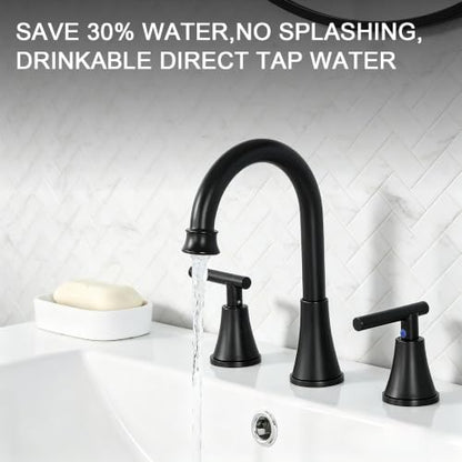 COMLLEN Black Bathroom Faucet 3 Hole Vanity,360 Degree Rotating Spout, 2 Handle 360° Swivel Matte Black 8 Inch Widespread Bathroom Sink Faucet 3 Holes, with Pop-up Drain, Supply Lines - color: Black