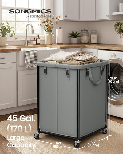 SONGMICS Laundry Basket with Wheels, Rolling Laundry Hamper with Steel Frame, Removable Liner Bag,45 Gallon (170 L), Slate Gray URLS031GN01 - color: Slate Gray, size: 170L-Rectangular