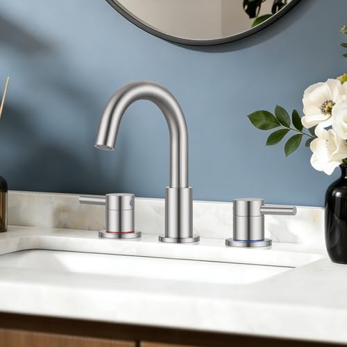 FGKQ 3-Hole 2-Handle Widespread Bathroom Sink Faucet, Brushed Nickel | Stainless steel, pop-up drain included, 360°swivel spout, for vanity sink 3-hole mount, 8-in widespread - color: 1-Brushed Nickel