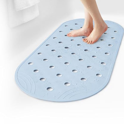 Rubber Bathtub Mat Shower Mat Non-Slip, 31x14 Inch, Bath Tub Floor Mat with Suction Cups and Drainage Holes, Light Blue - color: Light Blue, size: 31" x 14" (Oval)