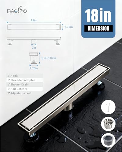 18 Inch Brushed Stainless Steel Linear Shower Drain | CUPC Certified 2-in-1 Tile Insert for Curbless Showers. 304 Steel, 15.8GPM Flow. Includes Hair Catcher & Adjustable Feet. - color: Brushed Stainless, size: 18in