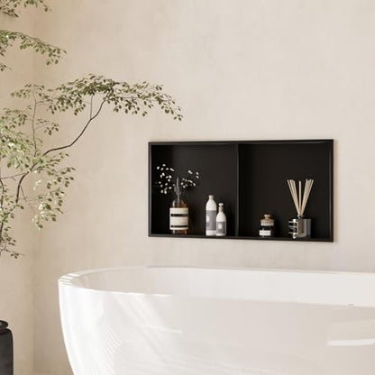 Stainless Steel Shower Niche with Shelf | 12" x 24" No Tile Needed Recessed Wall Niche for Shower Wall Bathroom Storage Insert Installation (Matte Black)