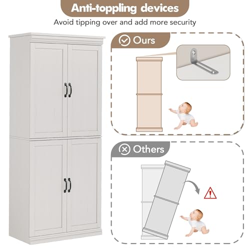 IDEALHOUSE Pantry Cabinet, White 4-Door with Adjustable Shelves, 70" H | Freestanding Cupboard with 5 Interior Compartments, Dining Room, Kitchen, Bathroom, Living Room