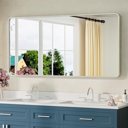 TETOTE Brushed Nickel Bathroom Mirror 48 x 24 Inch Brushed Nickel Metal Framed Bathroom Mirror, Tempered Glass, Modern Farmhouse Wall Mounted Mirror for Decorative(Horizontal/Vertical) - color: Brushed Nickel, size: 24"L x 48"W