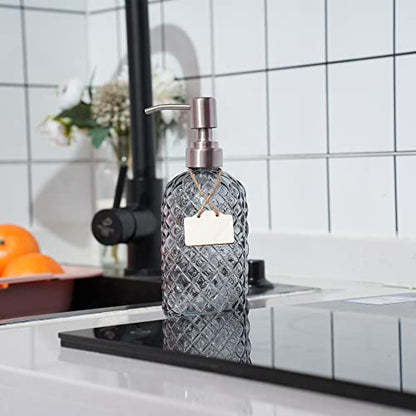 16 oz Diamond Pattern Glass Soap Dispenser, Kitchen and Bathroom Refillable Soap Dispenser with Rust Resistant Stainless Steel Pump for Hand Soap, Lotion Glass Liquid Dispenser(Grey-2pack) - color: Grey-2pack