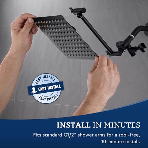 G-Promise All Metal 10" Dual Square Shower Head Combo | Rain Shower Head | Handheld Shower Wand | Adjustable | 3-Way Diverter | 71" Extra Long Hose - A Bathroom Upgrade (Matte Black) | Built to Last, Easy Install, Adjustable Height & Angle for All Heights