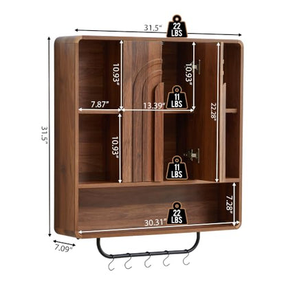 weselon 31.5" Bathroom Medicine Cabinet with Storage, Wall Mounted Over Toilet Cabinet with Towel Bar & 5 Hooks, Arched Fluted Double Doors, Adjustable Shelves & Open Storage (Walnut)