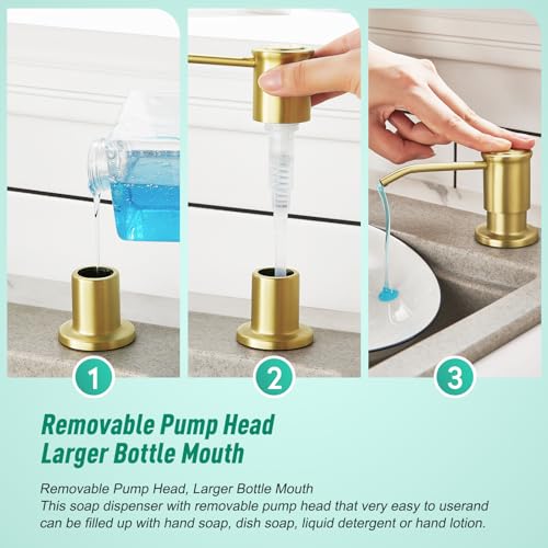 CREA Brushed Gold Kitchen Soap Dispenser Countertop Soap Dispenser for Kitchen Sink, Built in Sink Soap Dispenser for Bathroom with 39" Tube Large Capacity 17 OZ Bottle - color: Gold, style: Circular