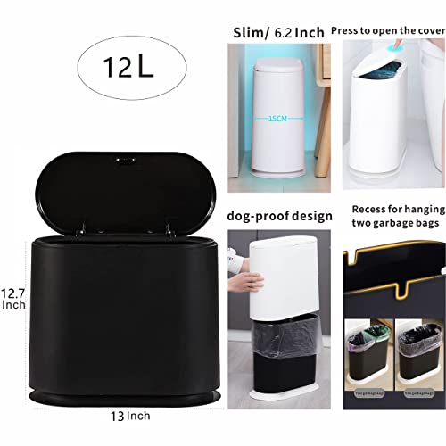 Black Slim Bathroom Trash Can with Press Top Lid,12 Liter Small Thin Garbage Can,3.17 Gallon Narrow Dog Proof Plastic Waste Basket and Covered Wastebasket for Room,Bedroom,Kitchen,Toilet,Office,Dorm - color: Black