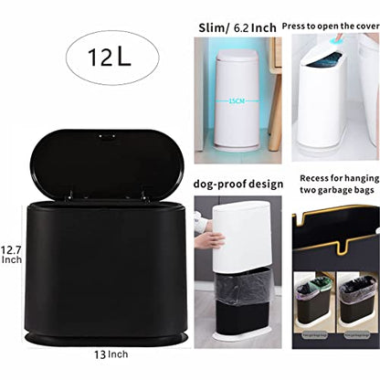 Black Slim Bathroom Trash Can with Press Top Lid,12 Liter Small Thin Garbage Can,3.17 Gallon Narrow Dog Proof Plastic Waste Basket and Covered Wastebasket for Room,Bedroom,Kitchen,Toilet,Office,Dorm - color: Black