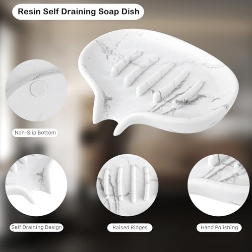 Self Draining Soap Dish for Shower & Bathroom Sink with Drain | Large Marble Resin Non Slip Soap Tray for Bar Soap, Kitchen Counter, Bathtub & Sink - color: 1 Pcak&a-white