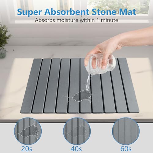 Large Stone Dish Drying Mat for Kitchen Counter, 24''x16'' Quick Dry Stone Dishes Mat, Foldable & Absorbent Diatomaceous Earth Dish Dryer Pad (Grey)