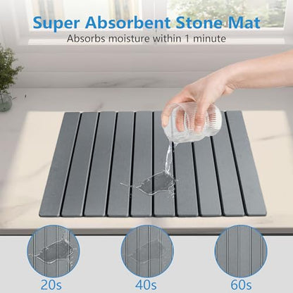 Large Stone Dish Drying Mat for Kitchen Counter, 24''x16'' Quick Dry Stone Dishes Mat, Foldable & Absorbent Diatomaceous Earth Dish Dryer Pad (Grey)