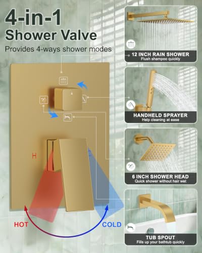 Rain Shower System with Rough-in Valve, Wall Mount Shower Faucet Set with 12" & 6" Dual Rain Shower Heads, 2-in-1 Handheld Shower, Tub Spout, 4-Function Complete Shower Fixture, Brushed Gold - color: Brushed Gold, size: Wall Mount-12"+6" head with Tub Spo