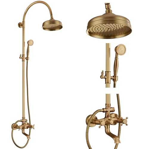 gotonovo Exposed Shower Faucet Set with Tub Spout Antique Brass | Brass Bathroom Shower System,8 Inch Rainfall Head with Handheld Spray and Tub Filler,Adjustable Height,6’’ Hole Distance - color: Antique Gold