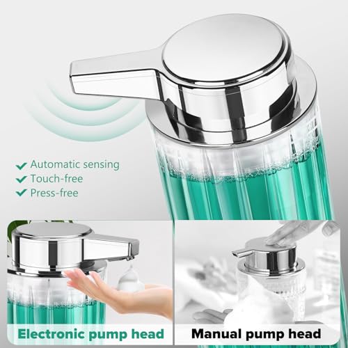 Automatic Soap Dispenser Foam for Kitchen: 11 OZ Glass Touchless Clear Auto Foaming Soap Dispenser for Bathroom - Hand Dish Lotion Home Countertop Kids - Family Couple - color: Vertical Stripe Style Foam