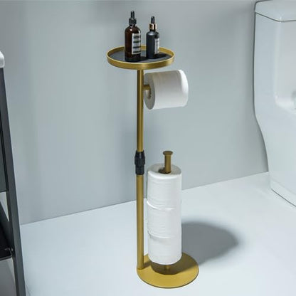 Toilet Paper Holder Stand, Bright Gold, for Bathroom Floor Standing, Adjustable Height and Heavy Paper Holder Stores 4 Reserve Rolls - color: Bright Gold