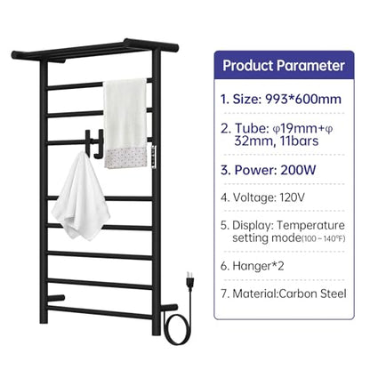 Heated Towel Racks for Bathroom, 11Bar Electric Towel Warmer Rack with Shelf & 2 Hooks, Wall-Mounted Time Setting and Temperature Control Heated Drying Rack for Home, Salon, Spa (Black - color: Black