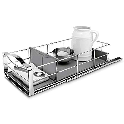 simplehuman 9-Inch Pull-Out Cabinet Organizer, Under Cabinet Sliding Drawer for Kitchen Bathroom, Heavy-Gauge Steel Frame, Removable Drip Guard, Ball-Bearing Tracks, Grey Plastic - size: 9-Inch