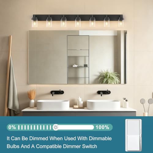 Matte Black Bathroom Light Fixtures, Modern Vanity Lights with Clear Glass Lamp Shade, Bathroom Lighting Fixtures Over Mirror, Restroom Vanity Lighting Fixture, 7-Light 52 Inch - color: Blakc, size: 7-Light