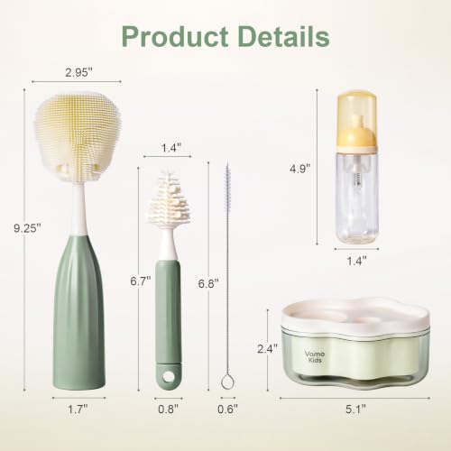 Baby Bottle Brush Set with Soap Dispenser, Foaming Brush & Drying Stand | Soft Silicone Bristles, Fan-Shaped Deep Cleaning Head, 3-Piece Kit with Nipple & Straw Brushes, Quick-Dry Storage, BPA-Free
