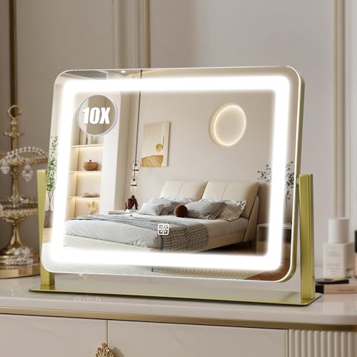 Rechargeable Vanity Mirror with Lights, 3000mAH Battery, 16"×12.4" LED Makeup Mirror, 10X Magnification, Smart Touch with 3-Color Lighting, 360° Rotation, Lighted Up for Makeup Desk, Bedroom (Gold) - color: Gold, size: 16"L x 12.4"W