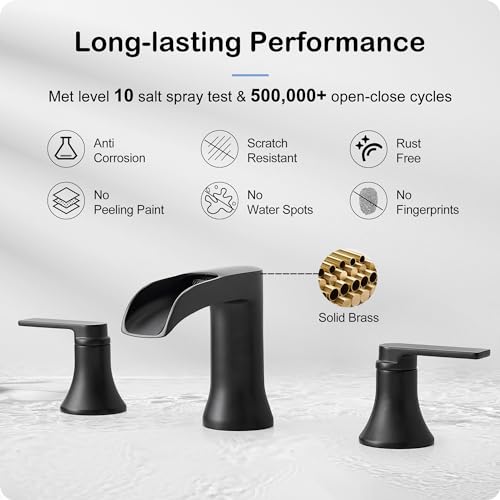 Black Bathroom Faucet 3 Hole, Brass Bathroom Waterfall Faucet 2 Handle, 4-16 Inch Widespread Bathroom Sink Faucets, Restroom Sink Faucet for Vanity with Supply Hoses, NO Equipped Pop-up Drain - color: Matte Black, style: NO Pop Up Drain