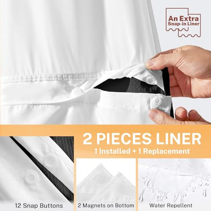 River Dream No Hooks Shower Curtain with 2 Snap in Liner, Black, 71Wx74H | Waffle Weave, 1 Attached Snap in Liner and 1 Extra Replacement Liner, Bathroom Curtains Shower Set, Hotel Grade, Spa Like - color: Black