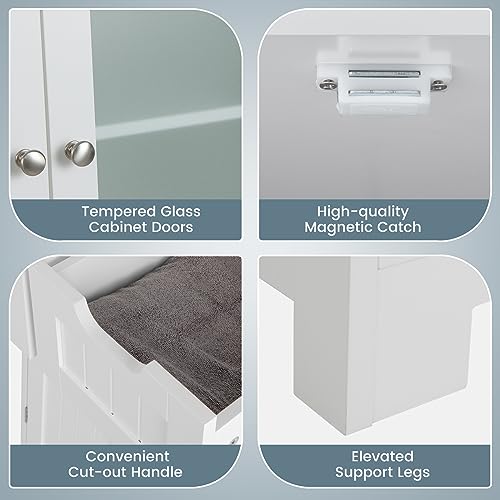 COSTWAY Tall Bathroom Storage Cabinet, Freestanding Storage Organizer with Glass Doors, 2 Drawers & 2 Adjustable Shelves, Wooden Linen Floor Cabinet for Bathroom, Living Room, Kitchen (White) | with Glass Doors, 2 Drawers & 2 Adjustable Shelves, Wooden Li