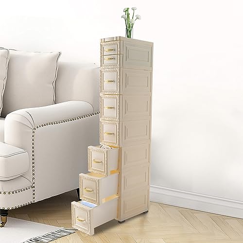 7-Tier Waterproof Bathroom Floor Cabinet, Slim 8-Drawer Storage for Small Spaces, Compact Organizer with Wheels