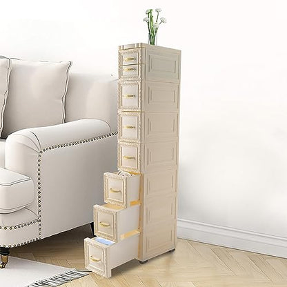 7-Tier Waterproof Bathroom Floor Cabinet, Slim 8-Drawer Storage for Small Spaces, Compact Organizer with Wheels
