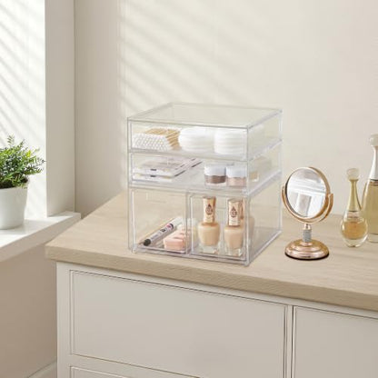 STORi Stackable Desk Organizer Drawers, Clear Pen Pencil Makeup Brush Holder for Desktops and Vanities, 4 Multi-size Drawers (Made in USA) - style: Combo Drawer Set