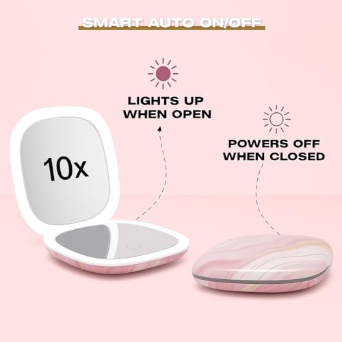 Lighted Makeup Compact Mirror, 3.9 Inch – 1x/10x Magnification Portable, LED – Auto Light On/Off - USB Charging, (Blush Marble) - color: Blush Marble