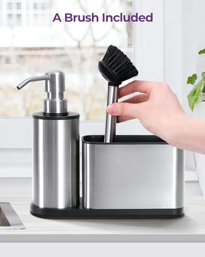 Kitchen Sink Caddy Organizer Stainless Steel Dish Soap Dispenser Set-3 in 1 | Kitchen Soap Dispenser,Sponge Holder for Kitchen Sink with Dish Brush,Dish Brush Holder-Rustproof,Multifunctional